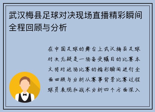 武汉梅县足球对决现场直播精彩瞬间全程回顾与分析